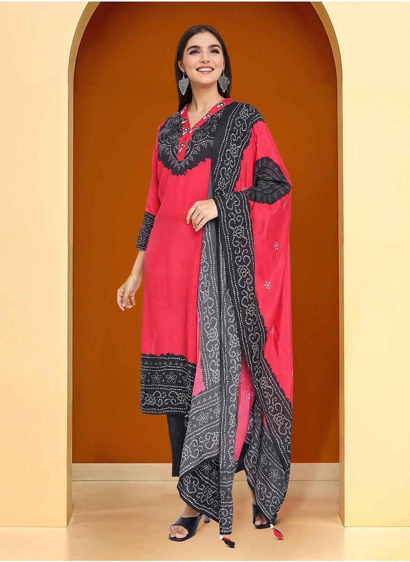 ISHIN - Regular Fit Embellished Pattern Round Neck Neck Three-Quarter Sleeve Red Colour Knitted Cotton Kurta Set for Women with Mid-Rise Closure - Elevate Your Fashion Game - Image 1