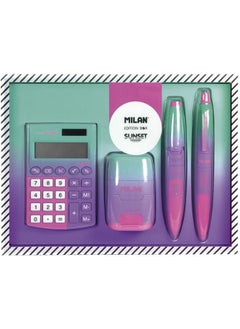 MILAN 6350SN Compact Sunset Square 4-Piece Pink-Green Calculator Gift Set  - Image 1