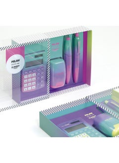 MILAN 6350SN Compact Sunset Square 4-Piece Pink-Green Calculator Gift Set  - Image 2