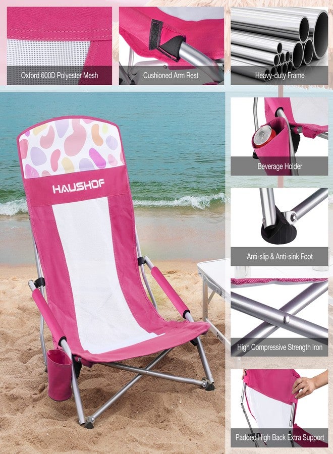 HAUSHOF High Back Beach Chair, Mesh Back Folding Chair, Lightweight Low Seat Camping Chairs with Cup Holder, Carry Bag, Padded Armrest for Outdoor Beach Lawn Camping (1, Pink, Standard) - Image 5