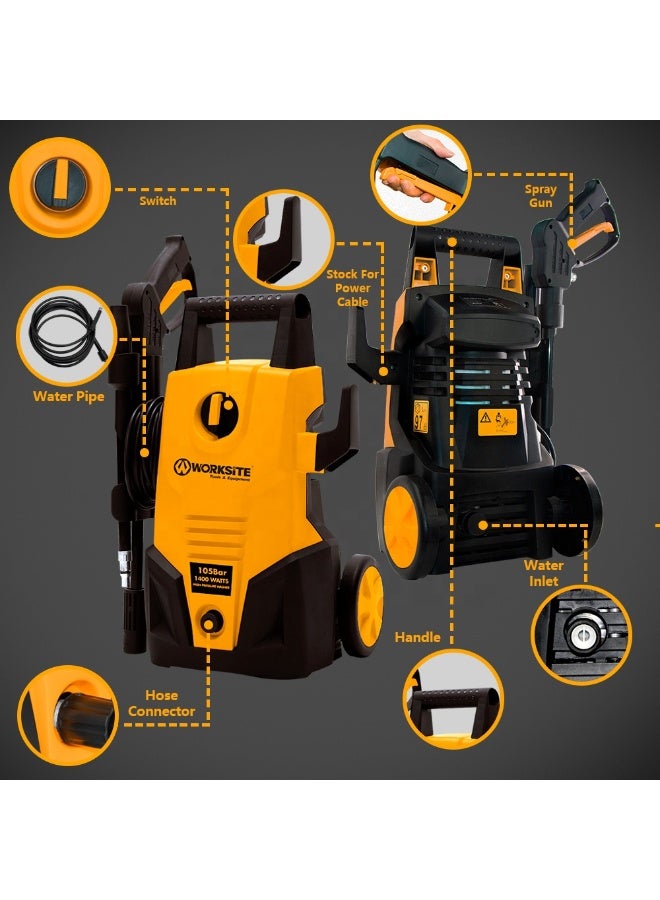 WORKSITE HIGH PRESSURE WASHER 1400W WITH BRUSH MOTOR 105BAR PRESSURE WITH 5.5L/MIN FLOW - Image 2