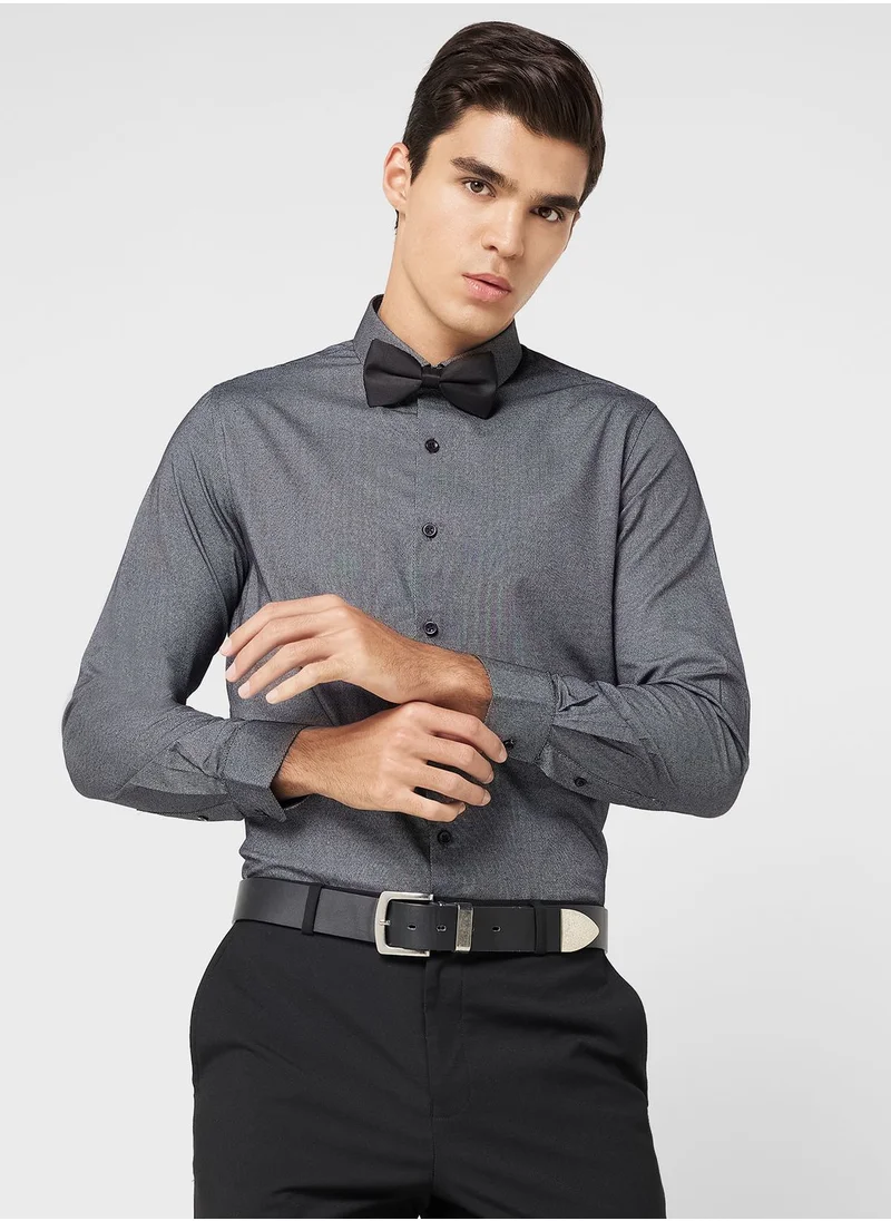 Robert Wood Men Easy Care Charcoal Grey Self Design Smart Sustainable Formal Shirt