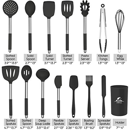 MIBOTE Silicone Kitchen Utensils Set, Cooking Utensils Set with Heat Resistant BPA-Free Silicone and Stainless Steel Handle Kitchen Tools Set (Black) - Image 2