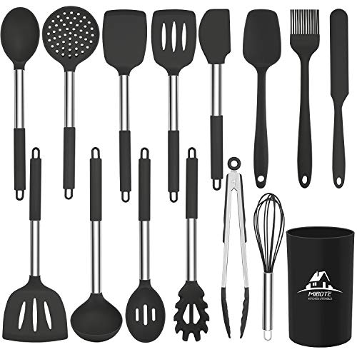 MIBOTE Silicone Kitchen Utensils Set, Cooking Utensils Set with Heat Resistant BPA-Free Silicone and Stainless Steel Handle Kitchen Tools Set (Black) - Image 1