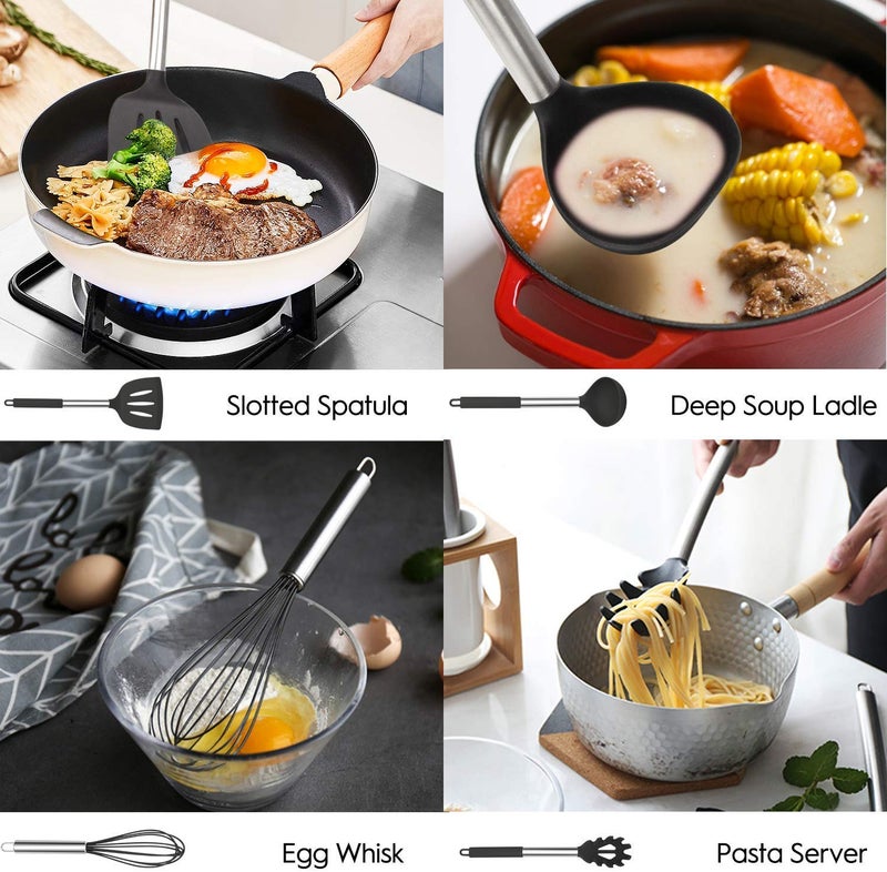 MIBOTE Silicone Kitchen Utensils Set, Cooking Utensils Set with Heat Resistant BPA-Free Silicone and Stainless Steel Handle Kitchen Tools Set (Black) - Image 5