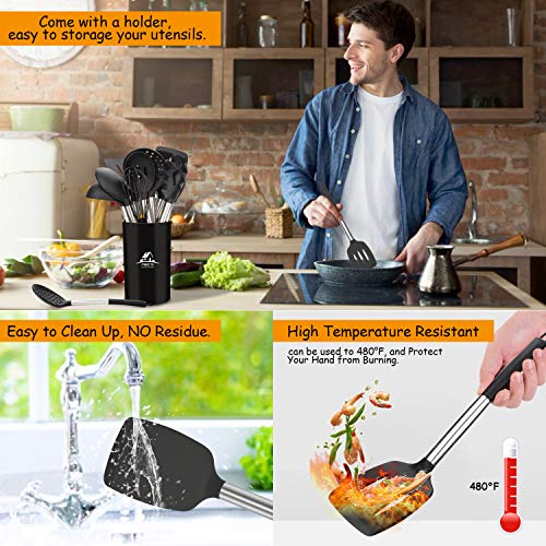 MIBOTE Silicone Kitchen Utensils Set, Cooking Utensils Set with Heat Resistant BPA-Free Silicone and Stainless Steel Handle Kitchen Tools Set (Black) - Image 4