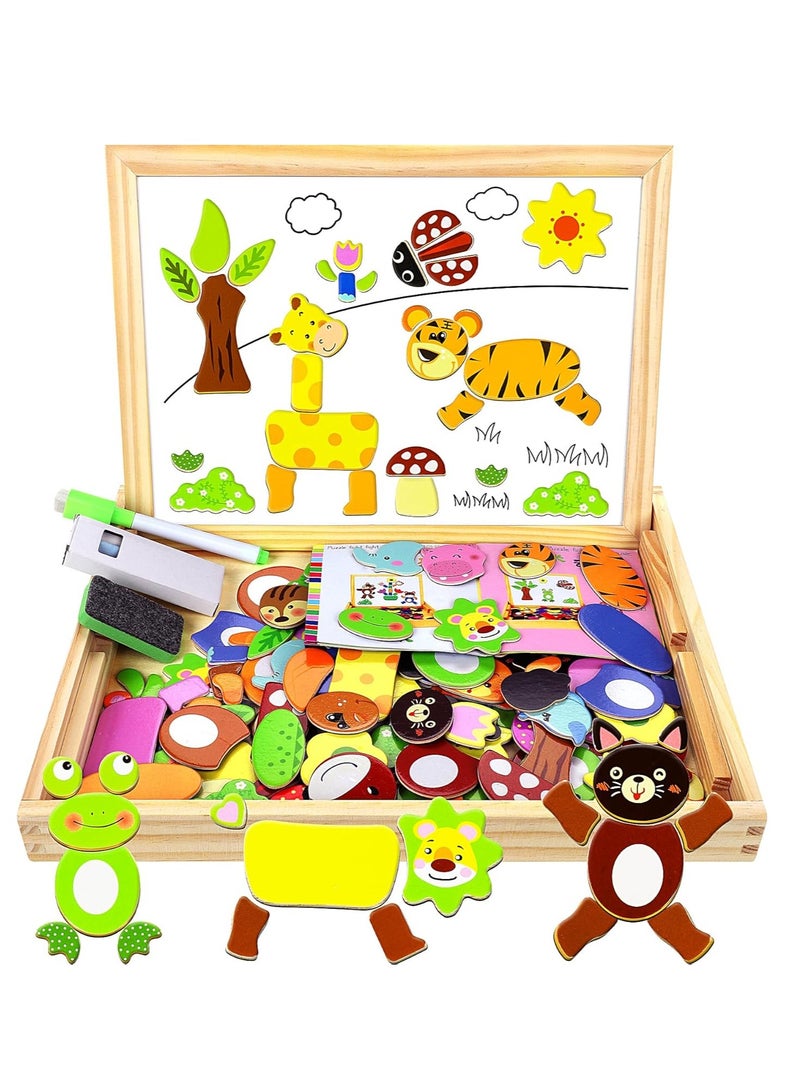 Generic Cool Joy 100+ Pieces Wooden Magnetic Jigsaw Puzzle with Chalkboard Stand Double Sided Educational Toys for Kids Girls Ages 3+ - Image 1