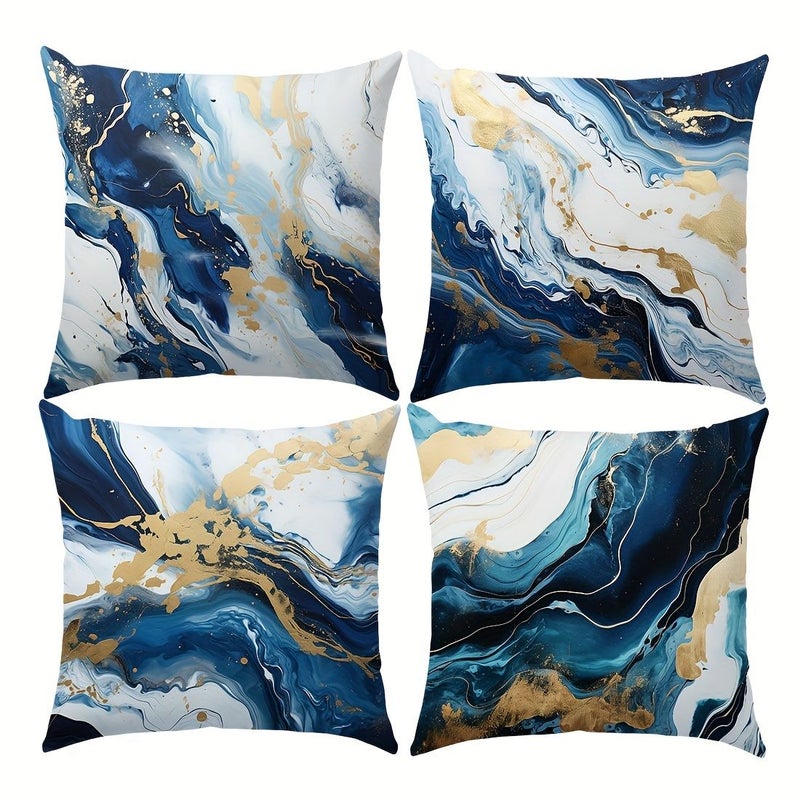 4pcs Blue White Marble Pattern Pillowcases 20x20 Inch Zipper Closure Polyester Cushion Covers Machine Washable Home Decor Living Room Sofa Bedroom - Image 3