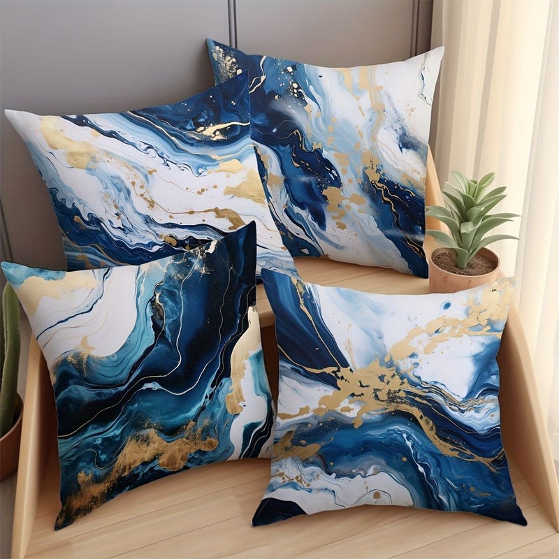 4pcs Blue White Marble Pattern Pillowcases 20x20 Inch Zipper Closure Polyester Cushion Covers Machine Washable Home Decor Living Room Sofa Bedroom - Image 1