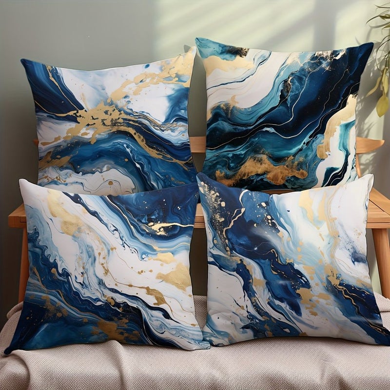 4pcs Blue White Marble Pattern Pillowcases 20x20 Inch Zipper Closure Polyester Cushion Covers Machine Washable Home Decor Living Room Sofa Bedroom - Image 2