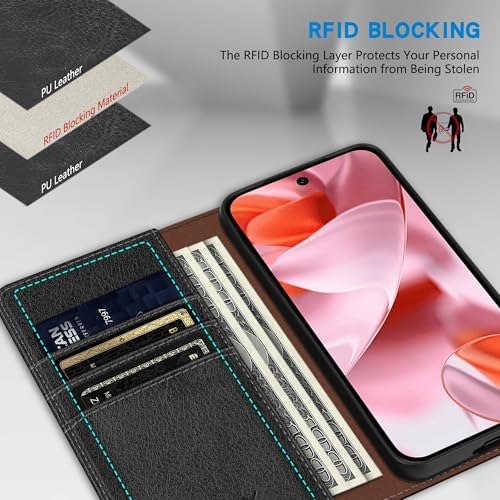 ZZXX for Google Pixel 10/10 Pro Wallet Case with [RFID Blocking] Card Slot Stand Strong Magnetic Leather Flip Fold Protective Phone Case for Google Pixel 10/10 Pro Case Wallet(Black-6.3 inch) - Image 2