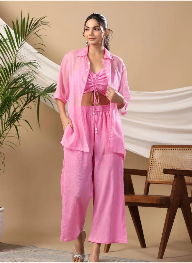 #بي Trendy Pink Three-Piece Co-Ord Set – Ruched Crop Top & Wide-Leg Pants