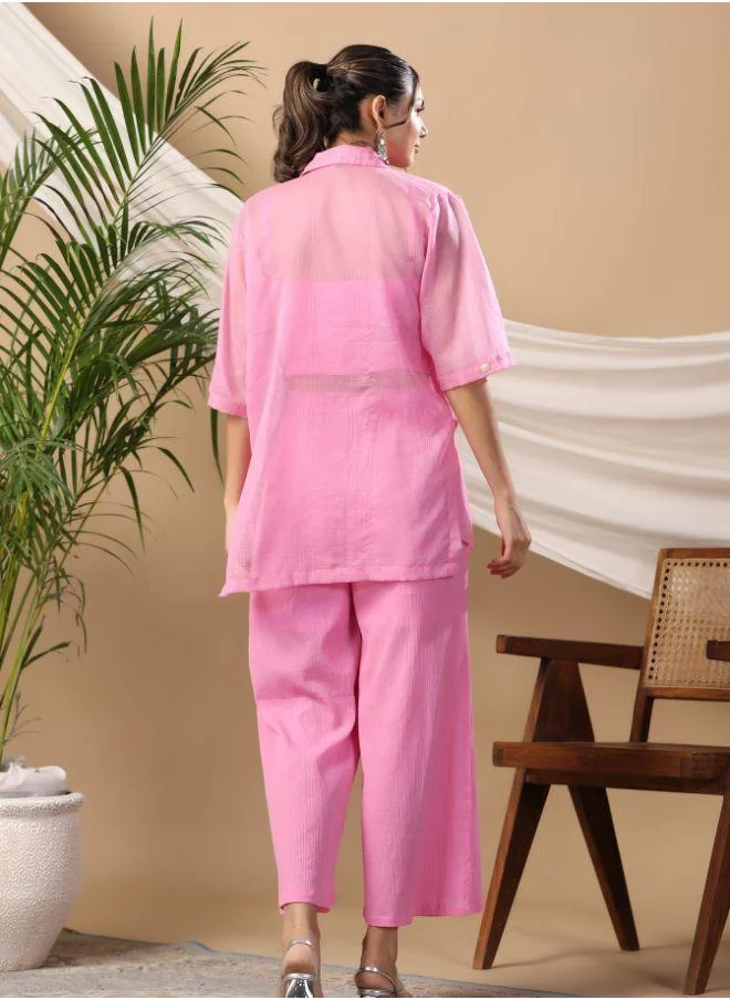 #بي Trendy Pink Three-Piece Co-Ord Set – Ruched Crop Top & Wide-Leg Pants