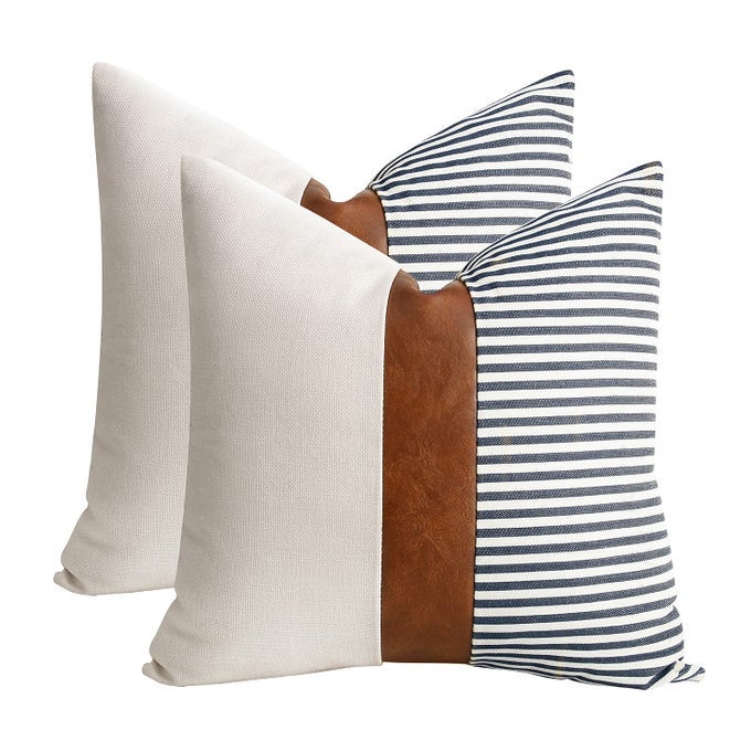 20X20 PILLOW COVERS SET OF 2 FARMHOUSE DECOR STRIPE PATCHWORK LINEN THROW PILLOW COVERS MODERN FAUX LEATHER COVERS FOR COUCH SOFANAVY BLUE