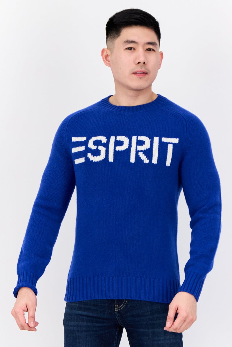 ESPRIT Men Ribbed Neck Embroidered Logo Sweater, Blue - Image 1