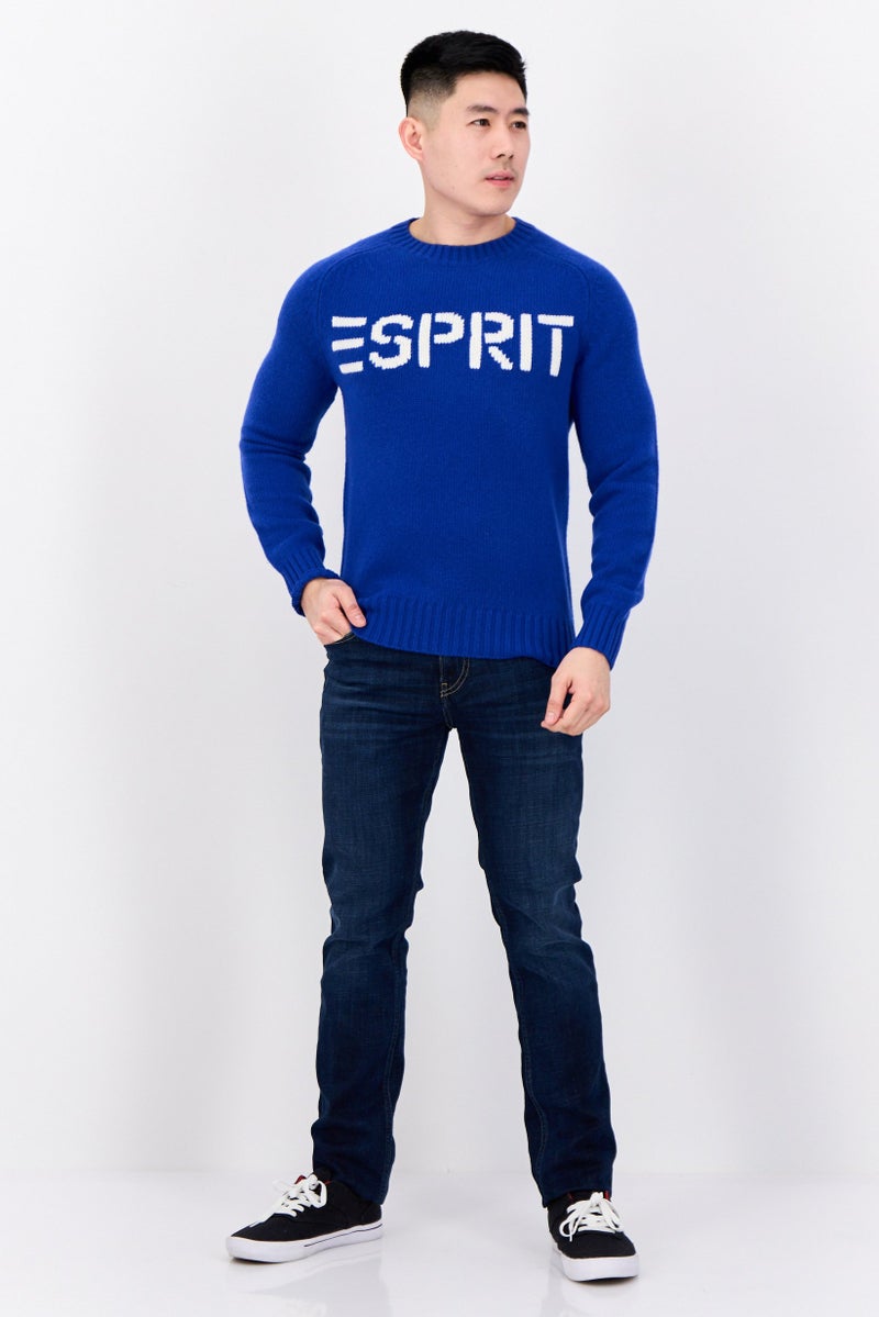 ESPRIT Men Ribbed Neck Embroidered Logo Sweater, Blue - Image 2