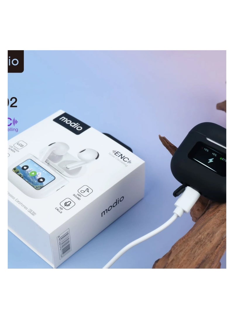 موديو سماعات موديو DL02 اللاسلكية بتقنية بلوتوث 5.4، شاشة LED صغيرة، ميكروفون ENC لعزل الضوضاء، تحكم باللمس، بطارية طويلة العمر – أبيض - Image 2