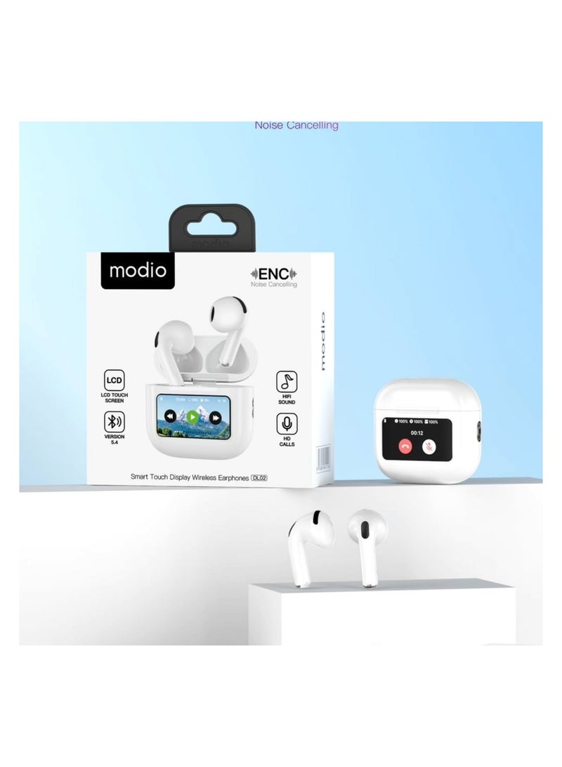 موديو سماعات موديو DL02 اللاسلكية بتقنية بلوتوث 5.4، شاشة LED صغيرة، ميكروفون ENC لعزل الضوضاء، تحكم باللمس، بطارية طويلة العمر – أبيض - Image 1