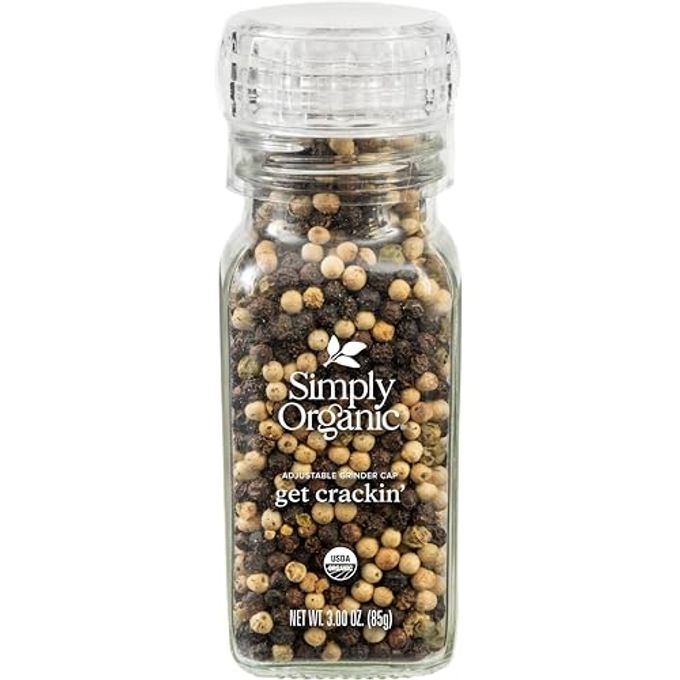 Simply Organic Whole Pepper Grinder, 3 Ounce Bottle, Blend of Black, White and Green Peppercorn for Complex Flavor