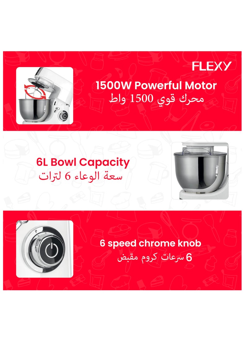 FLEXY Stand Mixer: 1500W Power, Low Noise, 6 Speed Settings, 3 Mixing Modes, 6L Stainless Steel Bowl, Easy Operation with Detachable Container - Image 4