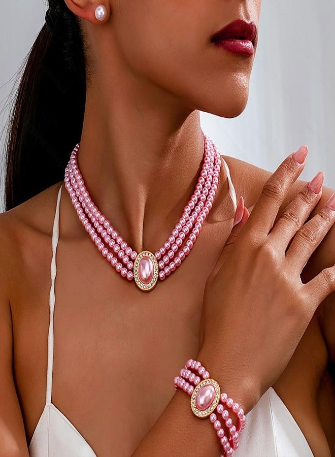Aimimier Boho 3-Strand Pink Faux Pearl Crystal Choker Necklace with Earrings and Bracelet Vintage Bridal Wedding Statement Necklace Cute Costume Accessories for Women - Image 2