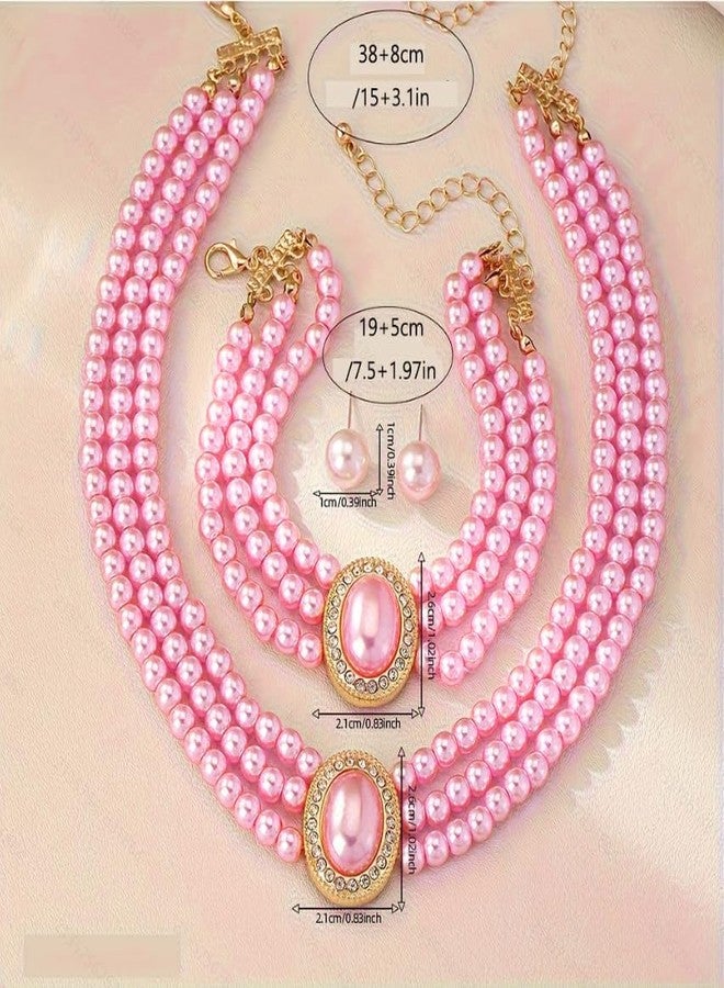 Aimimier Boho 3-Strand Pink Faux Pearl Crystal Choker Necklace with Earrings and Bracelet Vintage Bridal Wedding Statement Necklace Cute Costume Accessories for Women - Image 3