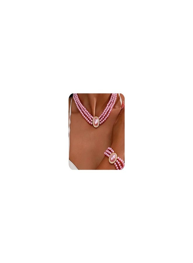 Aimimier Boho 3-Strand Pink Faux Pearl Crystal Choker Necklace with Earrings and Bracelet Vintage Bridal Wedding Statement Necklace Cute Costume Accessories for Women - Image 1