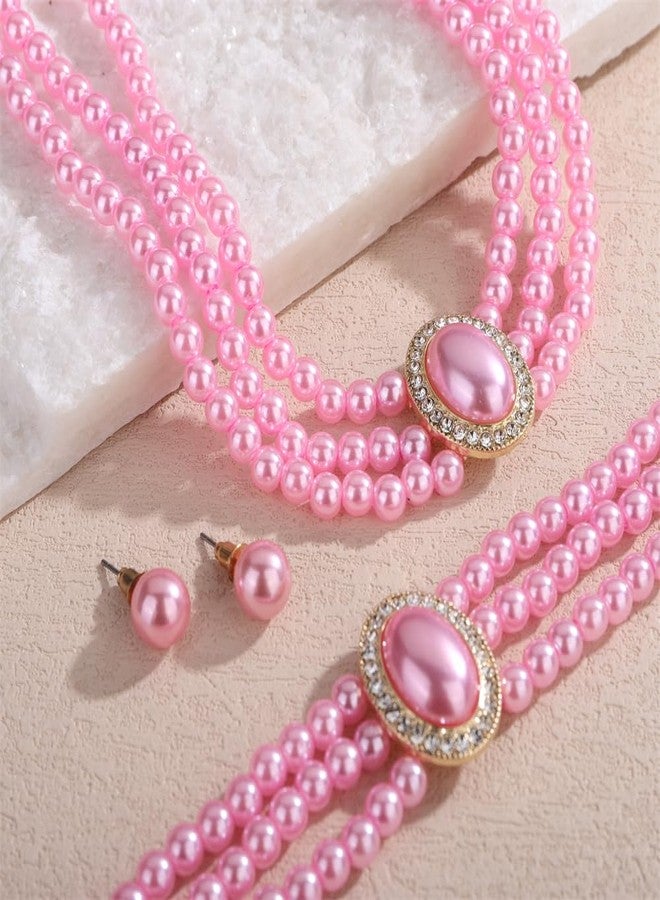 Aimimier Boho 3-Strand Pink Faux Pearl Crystal Choker Necklace with Earrings and Bracelet Vintage Bridal Wedding Statement Necklace Cute Costume Accessories for Women - Image 5