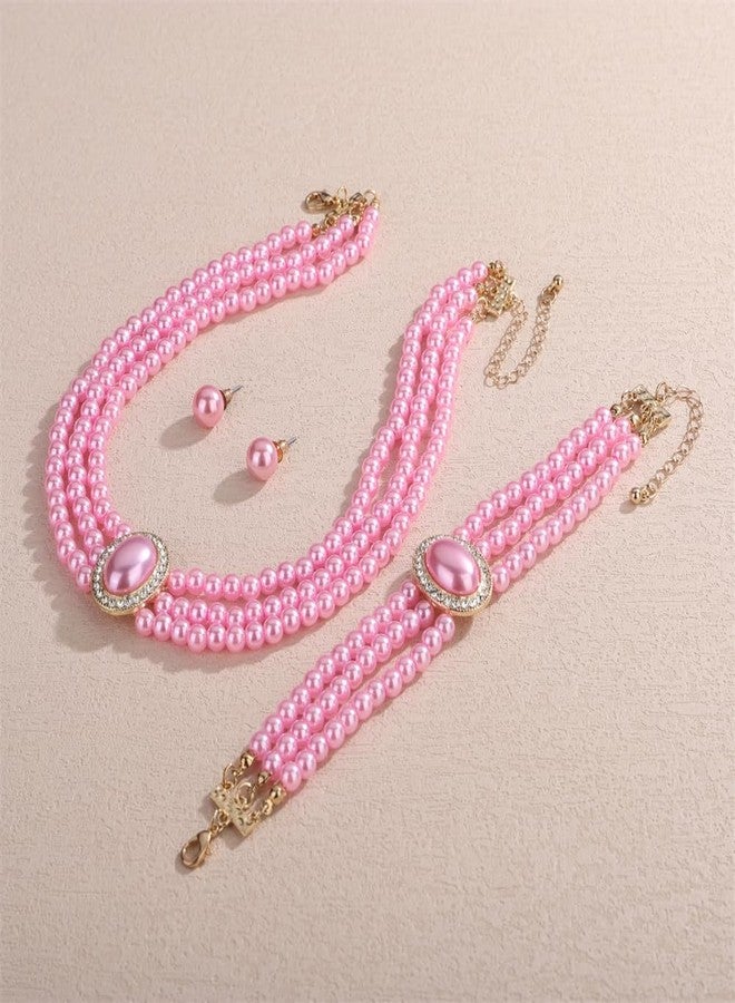 Aimimier Boho 3-Strand Pink Faux Pearl Crystal Choker Necklace with Earrings and Bracelet Vintage Bridal Wedding Statement Necklace Cute Costume Accessories for Women - Image 4