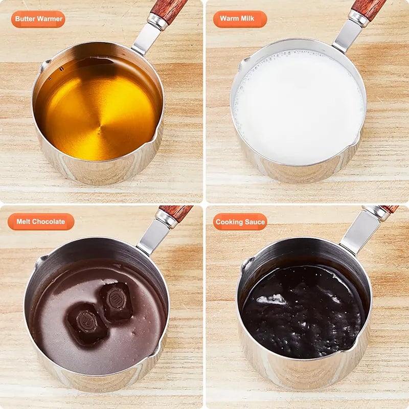 Yopple Stainless Steel Mini Saucepan, 150ml/250ml Butter & Milk Warmer, Dual Spouts, Wooden Handle, Small Pot for Sauces, Coffee, Baby Food & More - Image 5