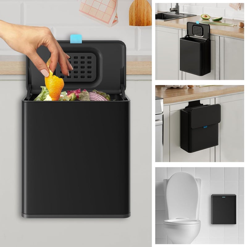 LINSSEN Stainless Steel Hanging Trash Can with Lid and Inner Bucket, 2 Gallon Kitchen Compost Bin for Counter Top, Under Sink or Wall Mount, Small Garbage Can for Cupboard/Bathroom/Bedroom/RV, Black - Image 1