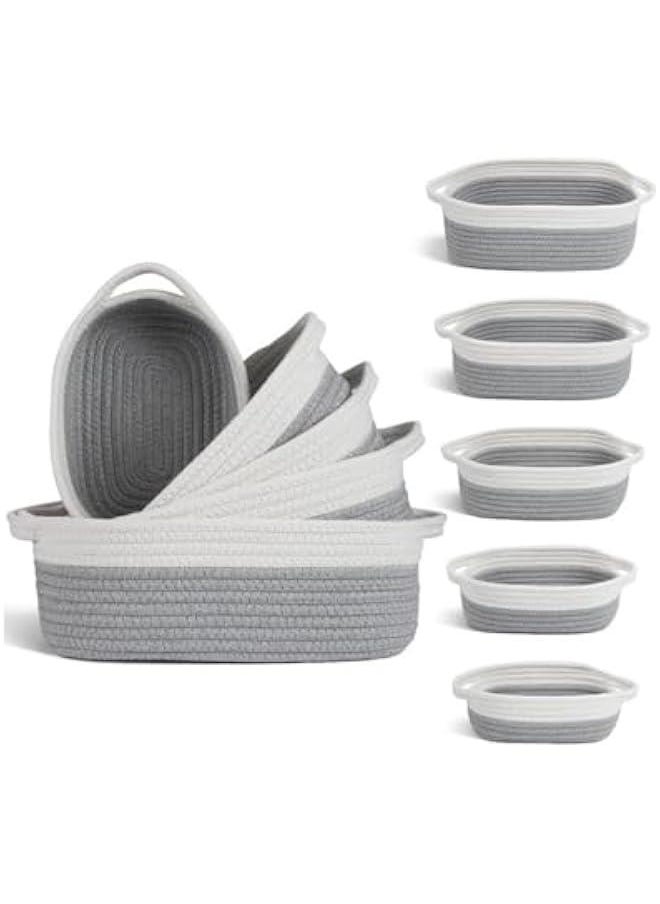 HOOKOR 5-Piece Rectangle Storage Basket Set- Natural Cotton Rope Woven Small Basket, Baby Nursery, Dog Toy Baskets, Cat Toy Box, Bathroom Organization Bin for Organizing, White/Gray  - Image 1