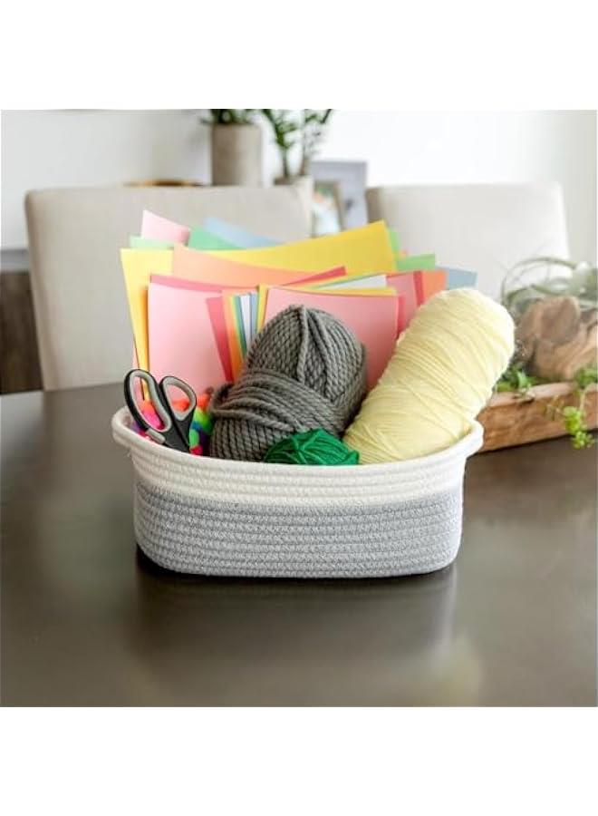 5-Piece Rectangle Storage Basket Set- Natural Cotton Rope Woven Small Basket, Baby Nursery, Dog Toy Baskets, Cat Toy Box, Bathroom Organization Bin for Organizing, White/Gray