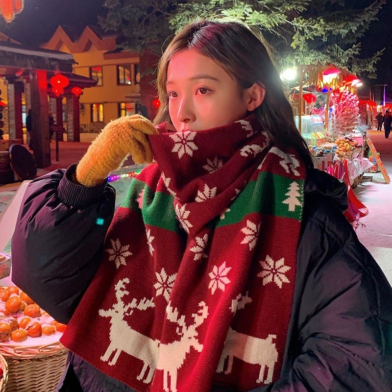 Christmas Elk Big Scarf Women'S Versatile Cute Girl'S Heart Long Knitted Wool Scarf Winter Warm - Image 2