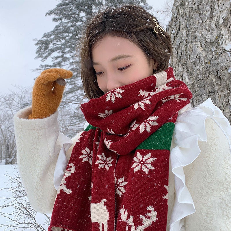 Christmas Elk Big Scarf Women'S Versatile Cute Girl'S Heart Long Knitted Wool Scarf Winter Warm - Image 3