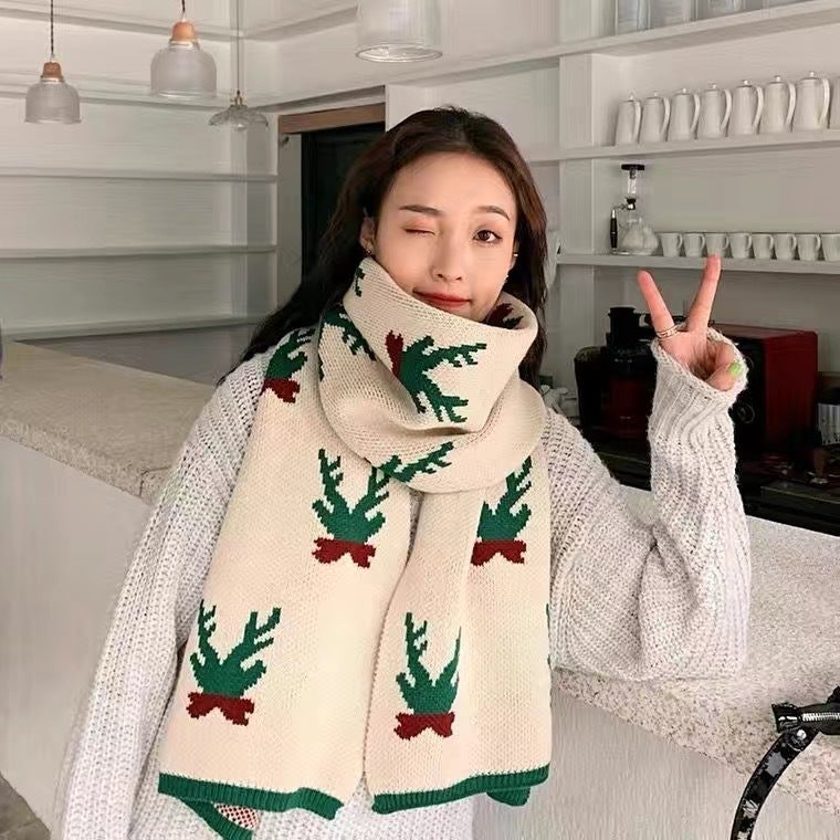 Christmas Elk Big Scarf Women'S Versatile Cute Girl'S Heart Long Knitted Wool Scarf Winter Warm - Image 1