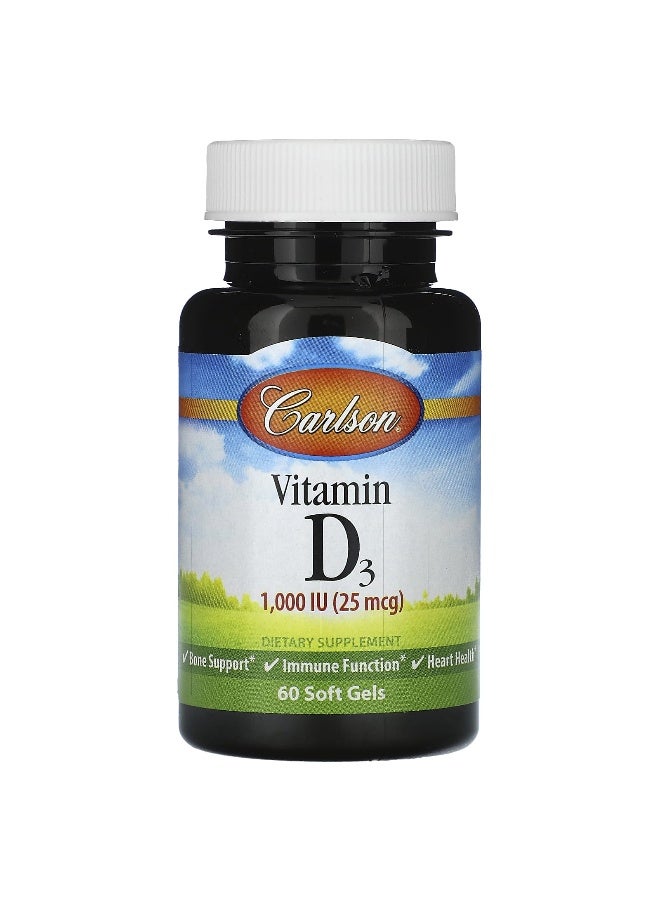 Carlson Carlson, Vitamin D3, 25 mcg (1,000 IU), 60 Soft Gels  - Image 1