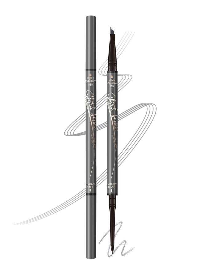 Music Flower Dual-Ended Microfilling Eyebrow Pen, Liquid Eyebrow Pen with 4 Micro Brush-Tip Applicators & Brow Defining Pencil with Precision Tip (Dark Grey) - Image 1