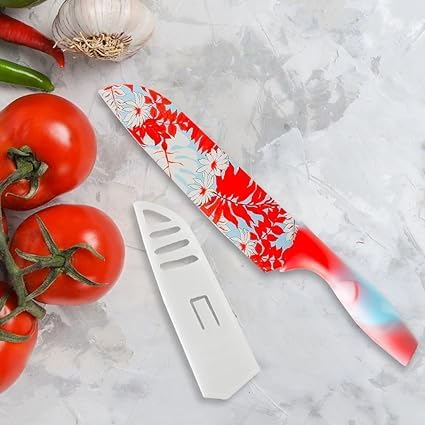 NAIDEV Stainless Steel ColorPrinted Santoku Knife Kitchen Accessories Multicolored Colorful NonStick Coating Blade for Home Kitchen NonSlip Handle with Blade Cover - Image 4