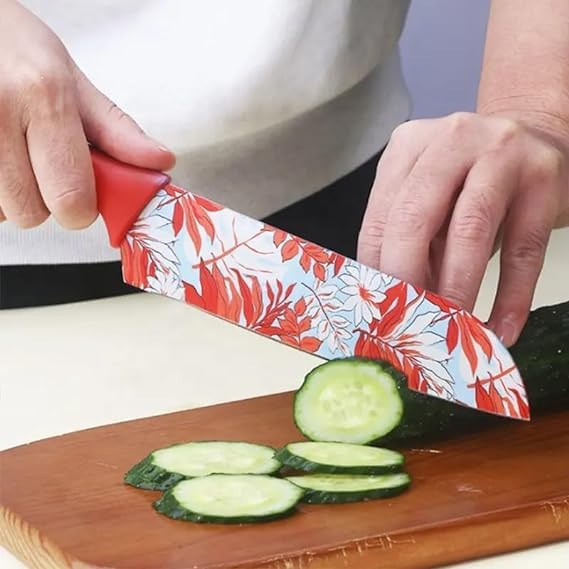 NAIDEV Stainless Steel ColorPrinted Santoku Knife Kitchen Accessories Multicolored Colorful NonStick Coating Blade for Home Kitchen NonSlip Handle with Blade Cover - Image 2