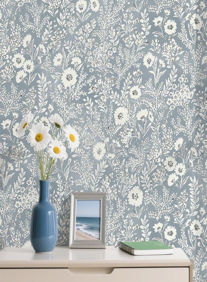 Micpolo Floral Wallpaper Peel and Stick Blue Boho Wall Paper Vintage Contact Paper Bedroom Bathroom Wallpaper Removable Self-Adhesive Wall Decor Vinyl Roll 17.3" x 118" - Image 1