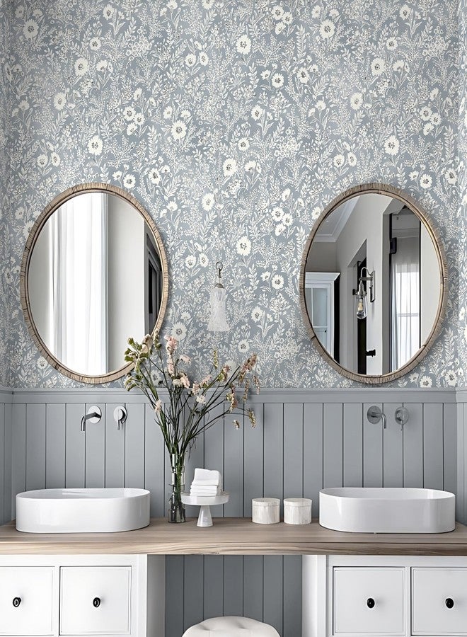 Micpolo Floral Wallpaper Peel and Stick Blue Boho Wall Paper Vintage Contact Paper Bedroom Bathroom Wallpaper Removable Self-Adhesive Wall Decor Vinyl Roll 17.3" x 118" - Image 3