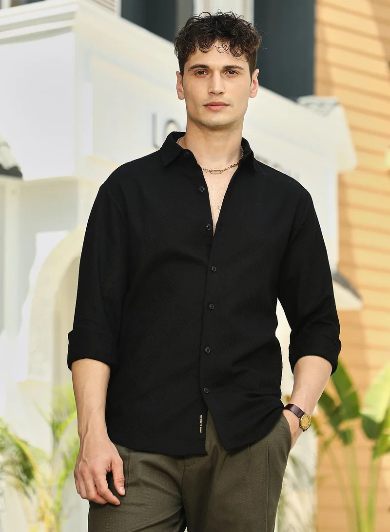 Campus Sutra Men's Midnight Black Slanted-Trough Shirt