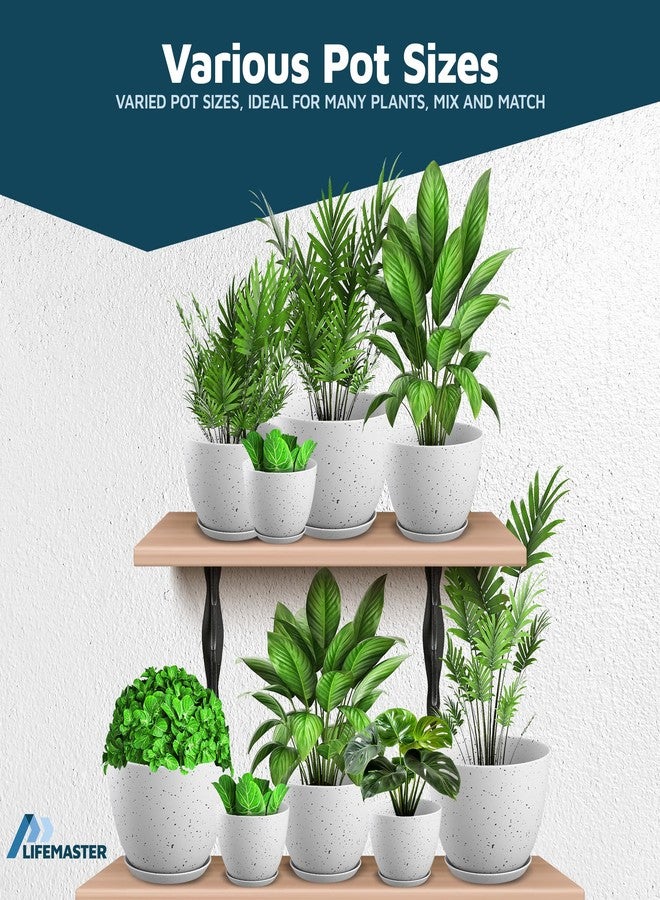 لايف ماستر مجموعة من 10 أواني زراعة بيضاء ورمادية اللون مزودة بفتحات تصريف وأطباق، قابلة للتكديس، مناسبة للاستخدام الداخلي والخارجي، موفرة للمساحة، مثالية لنباتات الزينة والزهور، بأحجام (7، 6.7، 6، 5.3، و4.8 بوصة)، متينة ومقاومة للعوامل الجوية. - Image 4