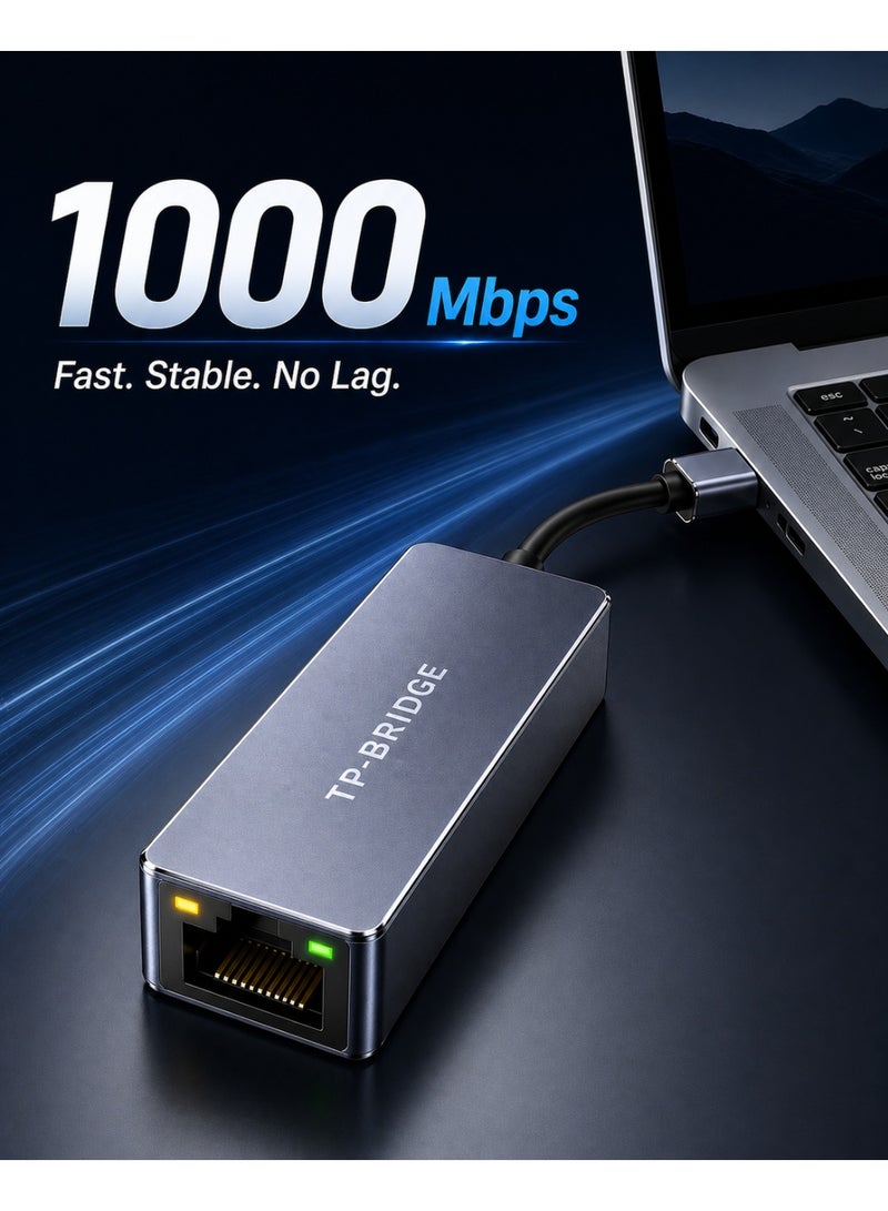 TP-BRIDGE Type- C 3.1 to Gigabit Ethernet Adapter 1000Mbps RJ45 LAN Converter, Plug & Play, High Speed Stable Network, Aluminum Body for Laptop & PC - Image 2