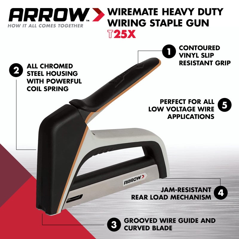 Arrow Fastener مسدس دبابيس آرو T25X للاستخدام الثقيل لكابلات وأسلاك الجهد المنخفض، وأضواء عيد الميلاد والعطلات، والزينة المضيئة - Image 2