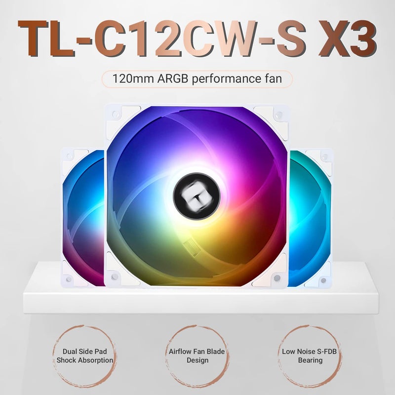 مروحة معالج Thermalright TL-C12CW-S X3 120 مم بيضاء ARGB، مروحة كمبيوتر صامتة 4pin PWM مع محمل S-FDB مضمن، مروحة تبريد تصل إلى 1550 RPM (3 قطع) - Image 2