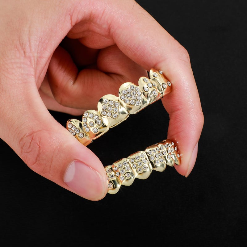 TOPGRILLZ Grillz Gold Poker Grills for Your Teeth Heart Hip Hop Grillz Teeth Men Diamond Grillz for Men Women 18K Gold Plated Hustla Teeth Grillz Gold Jewelry Rapper Costume(Poker) - Image 2