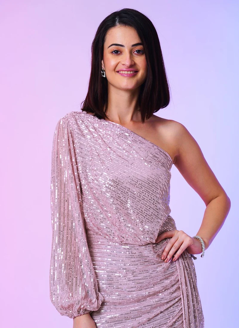 globus Globus Women Pink Embellished One Shoulder Long Sleeves Sequinned Bodycon Party Dress
