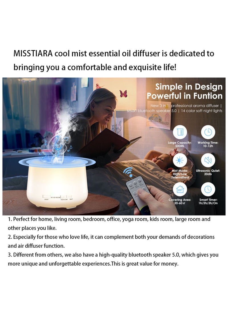 MissTiara - Humidifier Aromatherapy Essential Oil Diffuser Bluetooth Speaker 5.0, 500ML Aromatherapy Essential Oil Diffuser for Large Room Bedroom Office Home 14 Color Night Light with Remote Control - Image 1